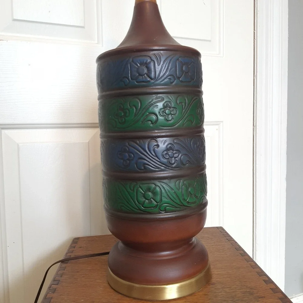 Vintage Embossed Ceramic Lamp Base – Blue & Green Floral Bands – Mid-Century